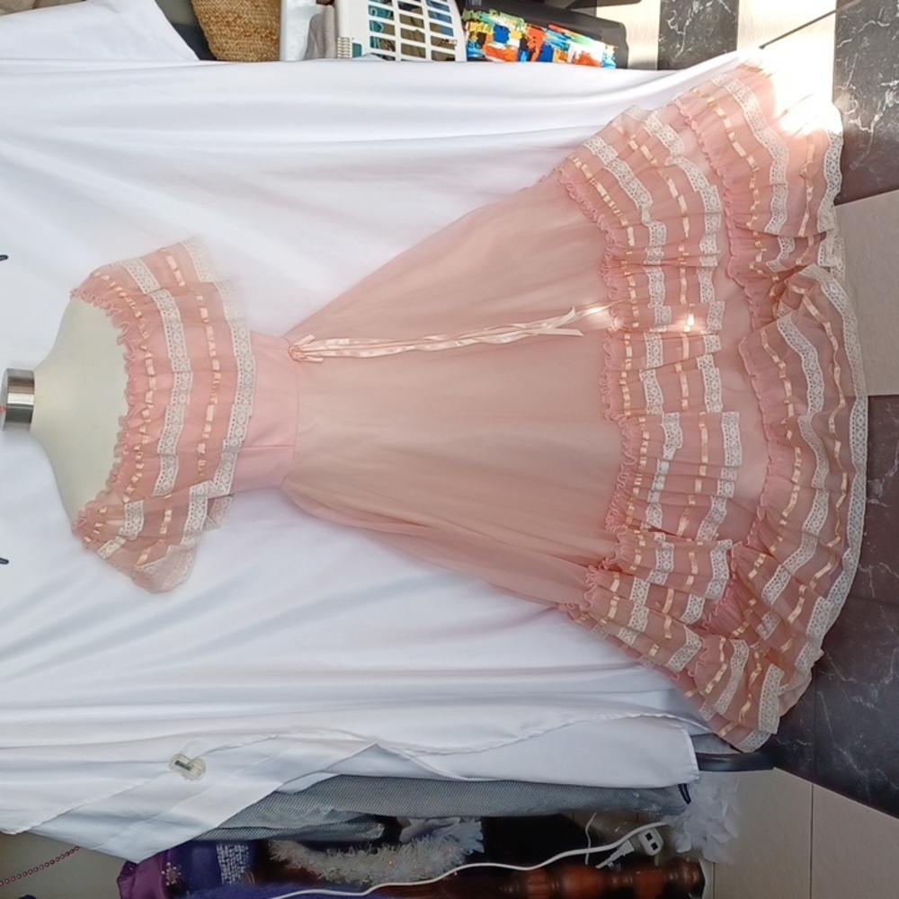 Vtg 70s Dance Allure Off The Shoulder Maxi Dress S Lace Pink Ruffles, Bows Fairy